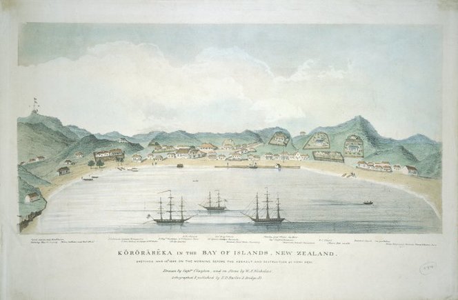 Sketch from the day before the battle - showing some of the many ships that were in the harbour Clayton, George Thomas (Capt), fl 1845-1848. Clayton, George Thomas fl 1845 :Kororareka in the Bay of Islands, New Zealand. Sketched Mar 10th 1845 on the morning before the assault and destruction by Honi Heke. Drawn by Captain Clayton, and on stone by W. A. Nicholas. London, E. D. Barlow [1845?]. Ref: C-010-022. Alexander Turnbull Library, Wellington, New Zealand. http://natlib.govt.nz/records/22708113