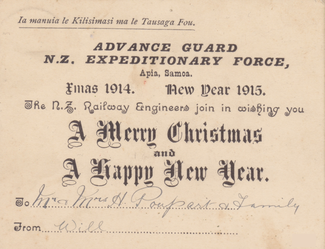 Card sent by New Zealand engineer in Samoa wishing the recipient a Merry Christmas and a Happy New Year.  1915 Would be a tragic year for many New Zealanders. Lemuel Lyes Collection