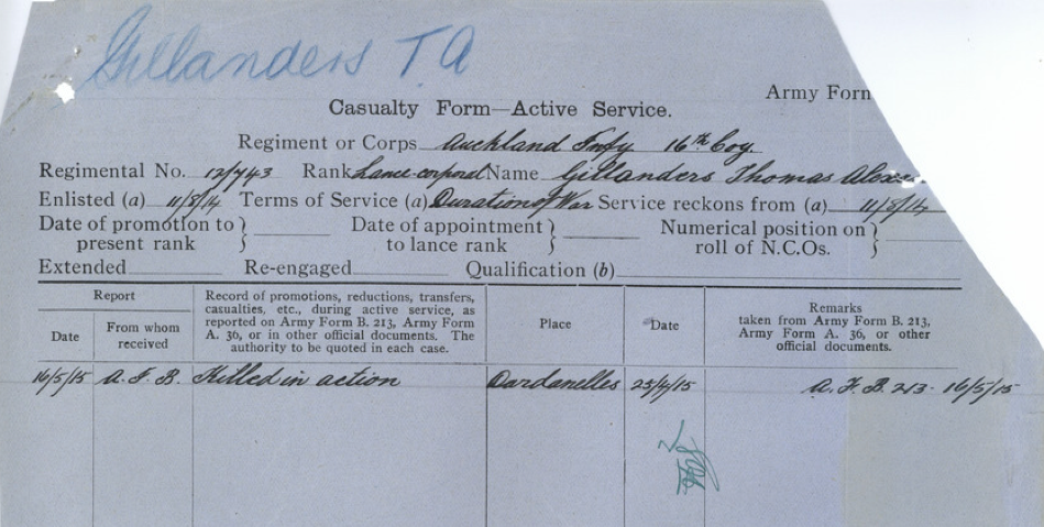 Casualty form in Tom's Military Personnel File in Archive New Zealand
